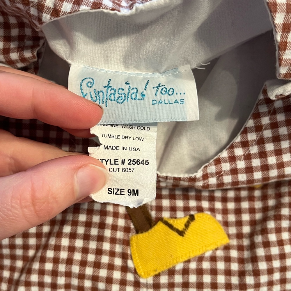 Brown Gingham Monkey Appliqué Kids Overalls - Picture 4 of 4